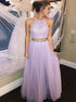 A Line Halter Lavender Two Piece Lace Beadings Prom Dresses LBQ3587
